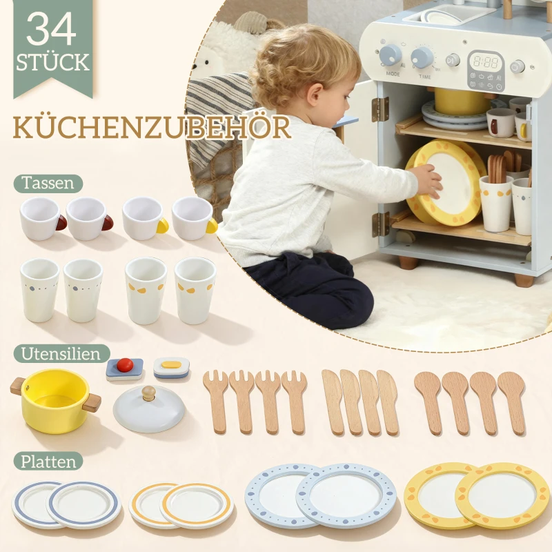 AIYAPLAY Spülküchen-Set, 32 Zubehör-Teile, MDF, für Kinder ab 3 Jahren, Hellblau