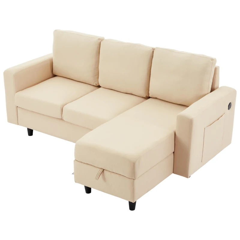 3-seater L-Shaped Sofa Bed with Reversible Chaise, USB and Type-C Charging, Convertible Sleeper for Living Room, 180L x 120W x 72H cm, Beige