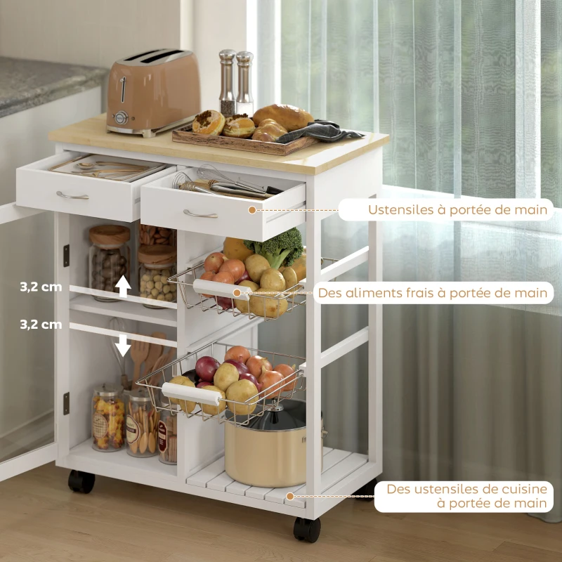 HOMCOM Desserte de cuisine à roulettes, îlot central cuisine avec plateau en bambou, porte vitrée, 67 x 35 x 80 cm, blanc