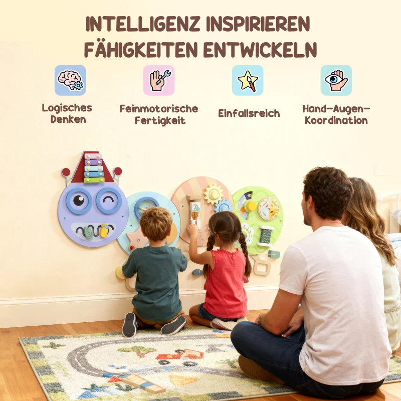 AIYAPLAY 7-in-1 wandspel, xylofoon, tandwielen, rupsontwerp, MDF, 108 cm, kleurrijk