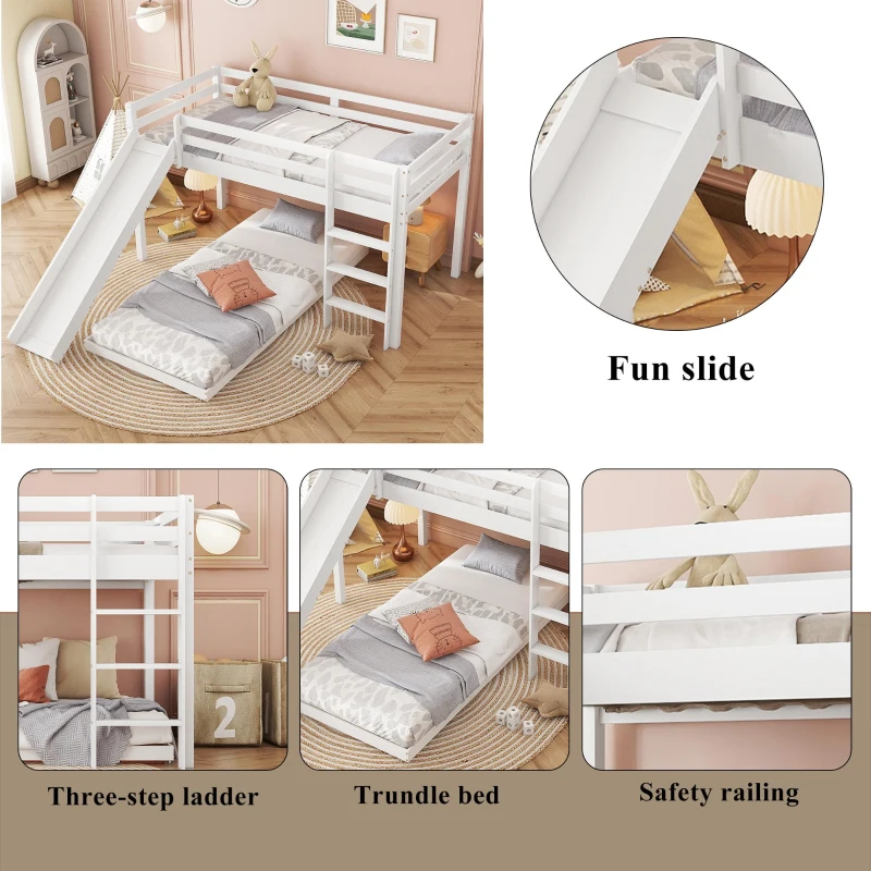 Children's Cabin Bunk Bed with Slide and Ladder, Space-Saving Customisable Layout, Adjustable Tier for Living Room, 207L x 215W x 110H cm, White