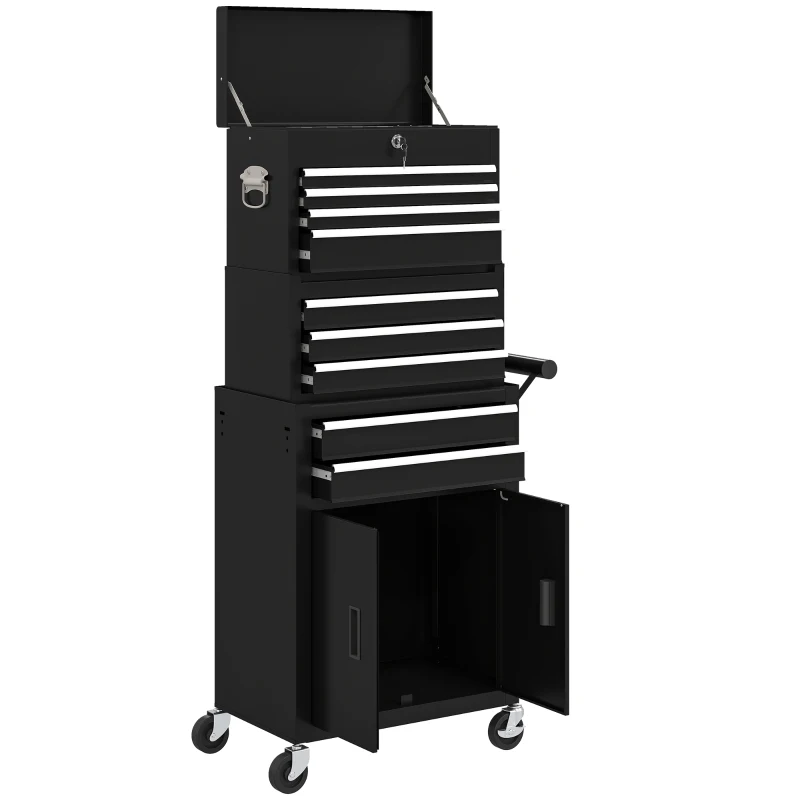 HOMCOM Cassetta portautensili 3-in-1, con 4 ruote, chiudibile con 9 cassetti, in acciaio, Nero