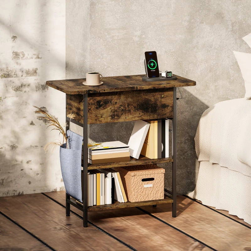 HOMCOM Table d'appoint bout de canapé avec station de charge et sac de rangement, 60 x 29,8 x 58,5 cm, brun rustique