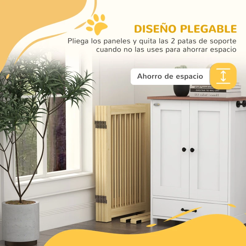 PawHut Barrera de Seguridad para Perros Plegable de Madera para Escaleras y Puertas con Soporte de Pie 204x36x75 cm Natural