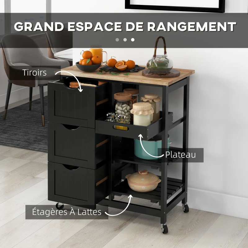 HOMCOM Chariot desserte de cuisine à roulettes plan de travail en bois 3 tiroirs et 1 plateau amovible 67 x 37 x 85,5 cm noir
