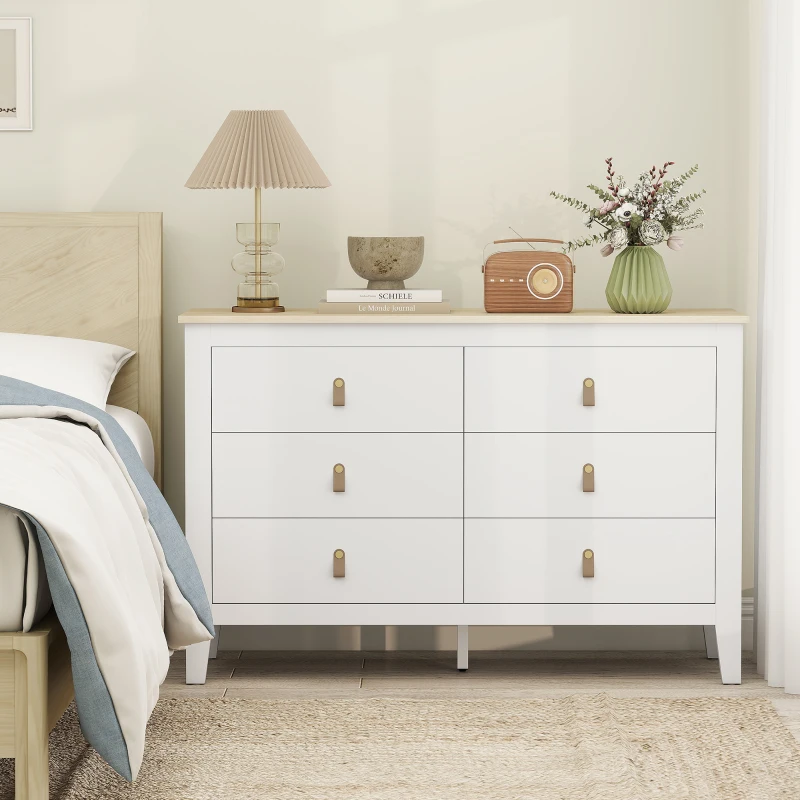 HOMCOM Commode 6 tiroirs meuble de rangement style contemporain avec poignées en polyuréthane, 120 x 40 x 78 cm, blanc