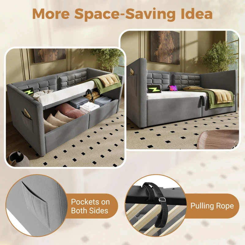 3ft Single Sofa Bed with Hydraulic Under-bed Storage and Side Pockets, Daybed with USB & Type-C Charging Station, 205L x 106W x 75H cm, Grey