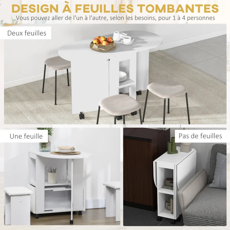 HOMCOM Table à manger pliante sur roulettes, table de cuisine pour 4 personnes, 2 abattants et 2 étagères, 120x60x77cm, blanc