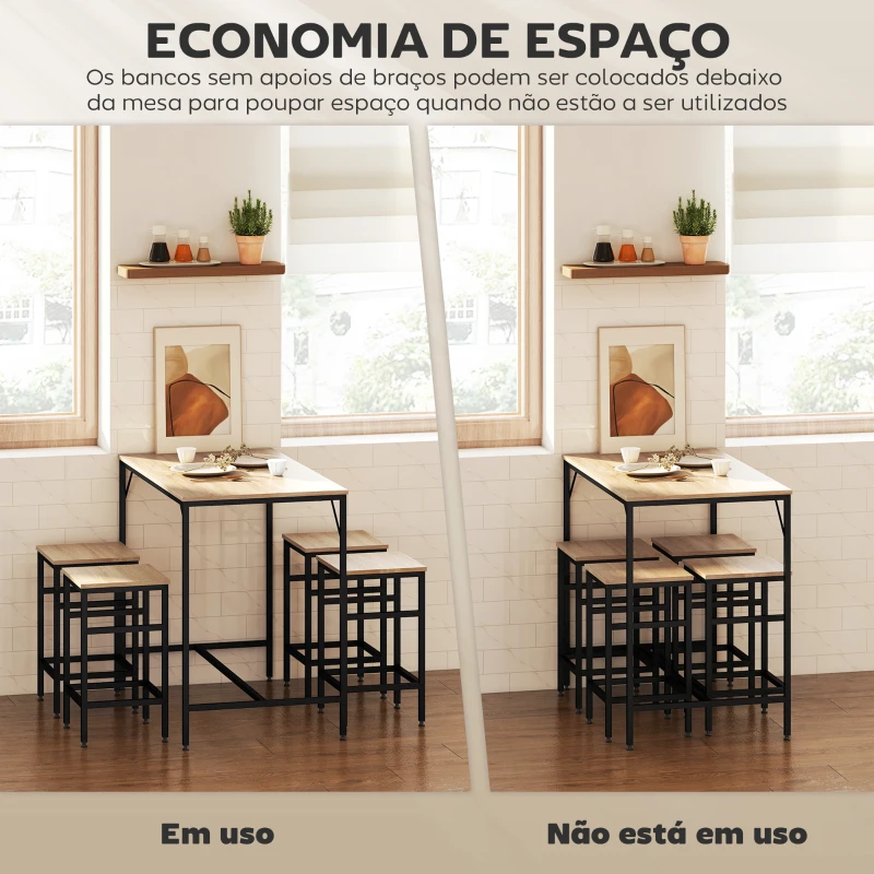 HOMCOM Conjunto de Mesa de Bar com 4 Bancos com Apoio para os Pés Conjunto de Móveis de 5 Peças Mesa de 100x60x88cm e Bancos de 32x32x57cm para Sala de Jantar Cozinha Preto e Carvalho