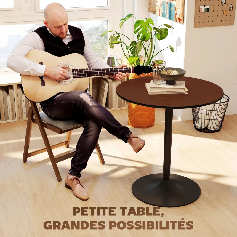 HOMCOM Table à manger ronde 70 cm pour 2 personnes avec plateau en placage de bois massif et piétement en acier marron