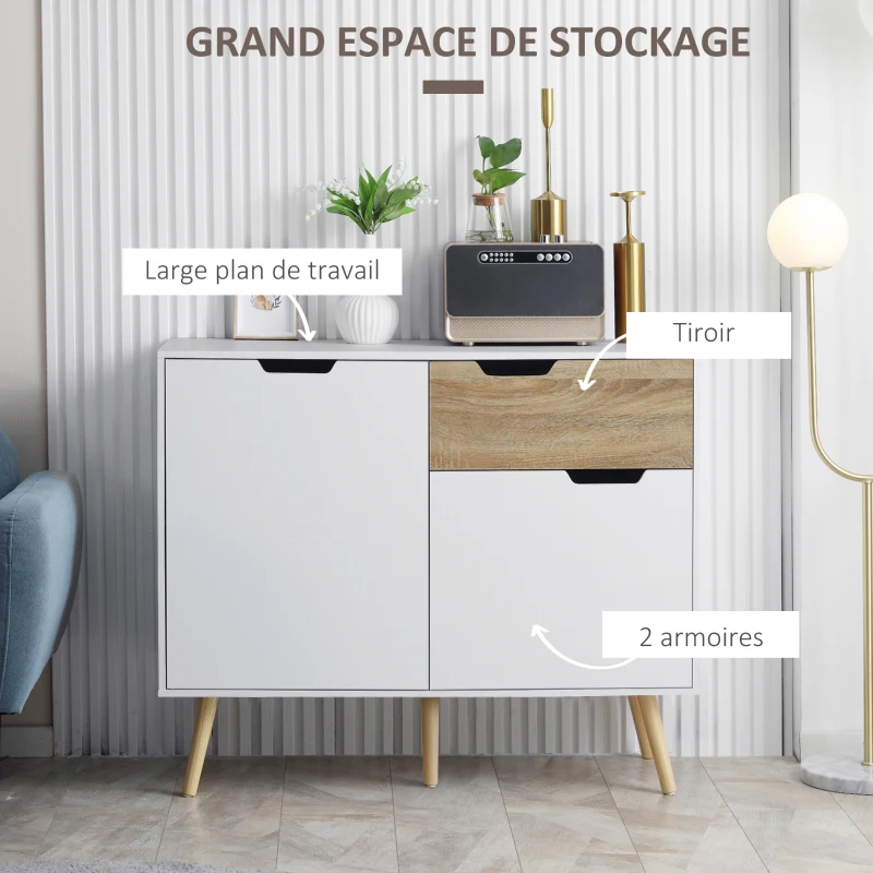 HOMCOM Buffet Meuble de rangement sur pied scandinave placards pour Salle de bain, salon, Cusine, Pieds en Bois Massif pin - Blanc - dim. 98L x 39l x 81,5H cm