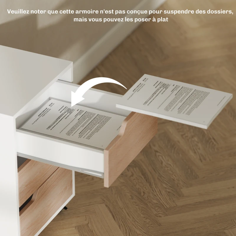 HOMCOM Caisson bureau mobile, meuble rangement bureau sur roulettes, 3 tiroirs, 40x50x57,5cm, blanc et chêne