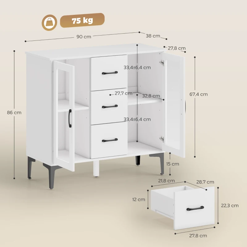 HOMCOM Buffet moderne avec portes à fermeture douce, armoire-buffet avec 3 tiroirs, 2 portes vitrées, étagères réglables, MDF, blanc