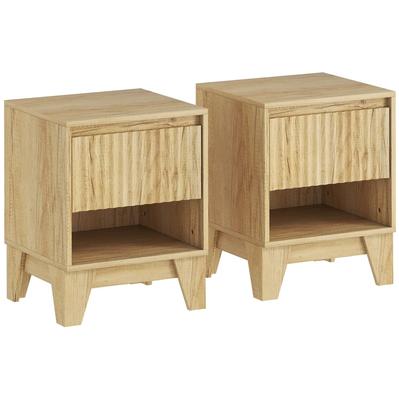 HOMCOM Lot de 2 tables de chevet étroite, table d'appoint compartiment ouvert 1 tiroir, panneaux cannelés 43x40x55cm naturel