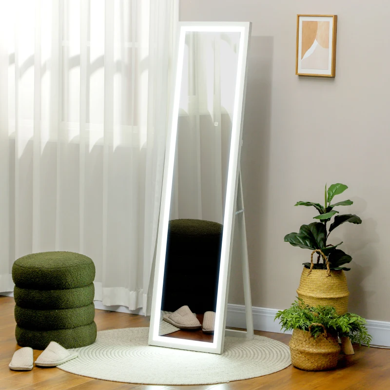 HOMCOM Grand miroir pleine longueur, miroir mural ou sur pied rectangulaire, 40 x 160 cm avec éclairage LED 3 couleurs, blanc