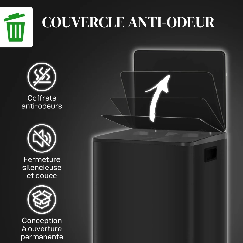 HOMCOM Poubelle de cuisine 2 compartiments de 2 x 25L, acier inoxydable, couvercle à fermeture douce, 47,7x37,5x56cm, noir