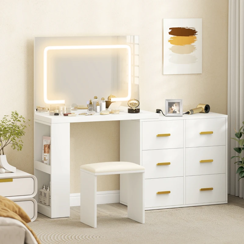 HOMCOM Coiffeuse avec miroir et tabouret, table de maquillage avec éclairage LED réglable, 6 tiroirs, 118 x 78 x 135 cm, blanc