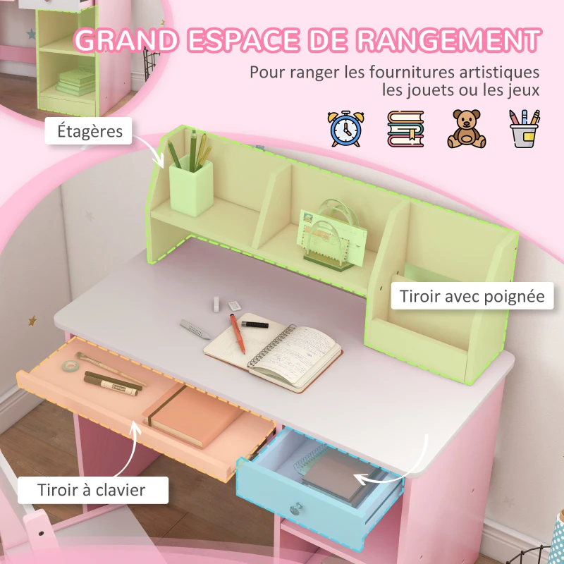 ZONEKIZ Bureau enfant avec chaise ergonomique avec clavier coulissant tiroir niches et étagères ouvertes 90 x 45 x 90 cm rose