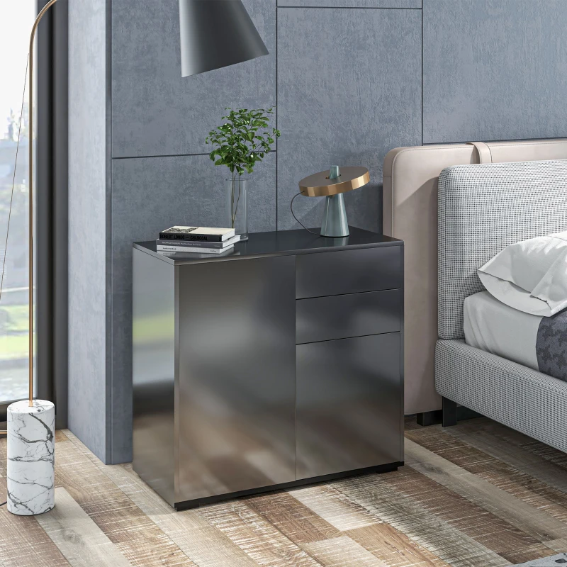 HOMCOM Commode Buffet Meuble de Rangement 2 tiroirs 2 Portes avec étagère 79 x 36 x 74 cm noir brillant