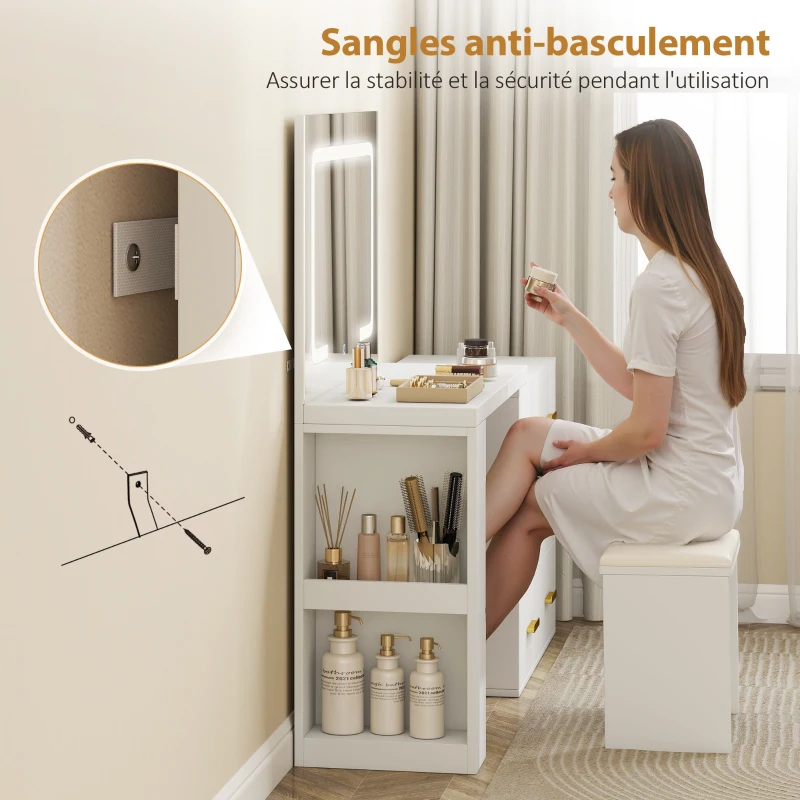HOMCOM Coiffeuse avec miroir et tabouret, table de maquillage avec éclairage LED réglable, 6 tiroirs, 118 x 78 x 135 cm, blanc