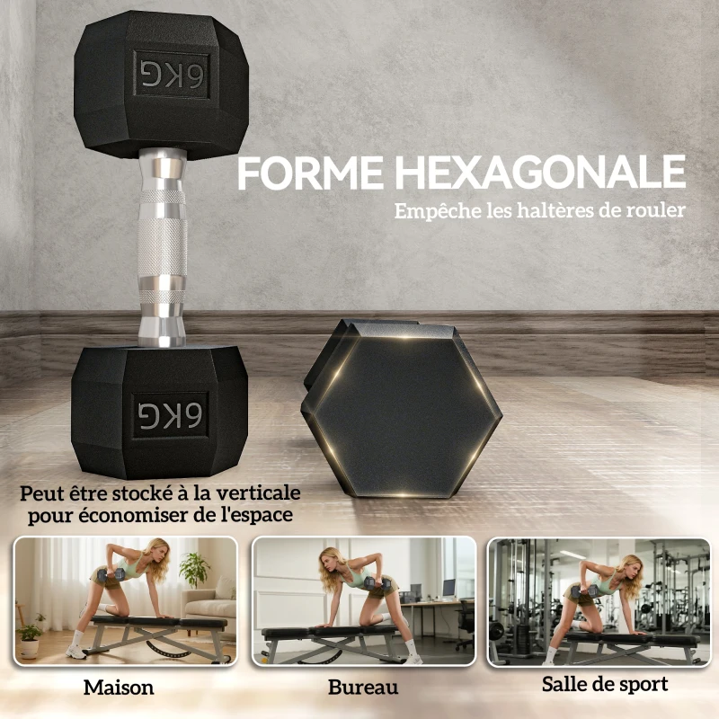 HOMCOM Ensemble d'haltères courtes, lot de 2 haltères hexagonaux recouverts de caoutchouc, acier noir