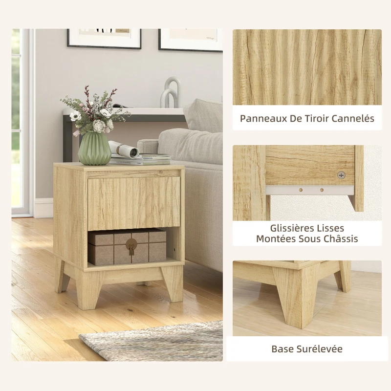 HOMCOM Lot de 2 tables de chevet étroite, table d'appoint compartiment ouvert 1 tiroir, panneaux cannelés 43x40x55cm naturel