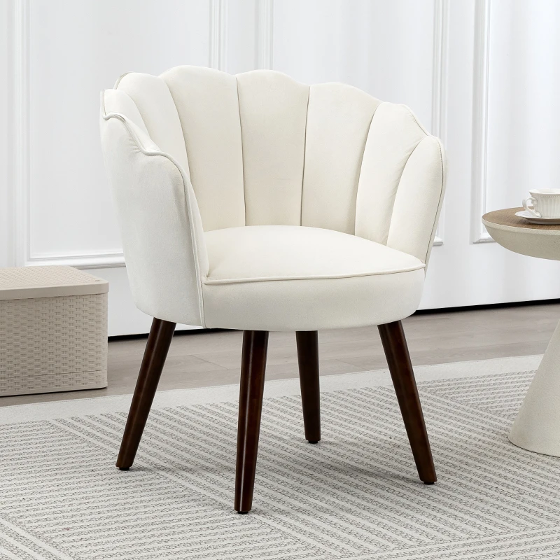 HOMCOM Fauteuil Coquillage Fauteuil de Salon Chambre avec Dossier et Coussin Aspect Velours Pieds en Bois hévéa, Crème