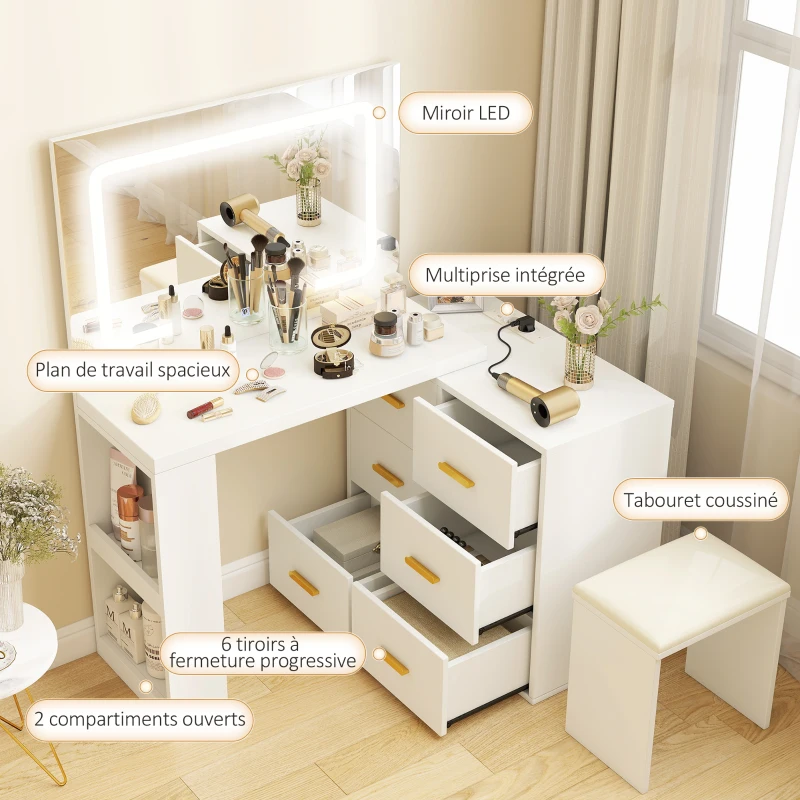 HOMCOM Coiffeuse avec miroir et tabouret, table de maquillage avec éclairage LED réglable, 6 tiroirs, 118 x 78 x 135 cm, blanc