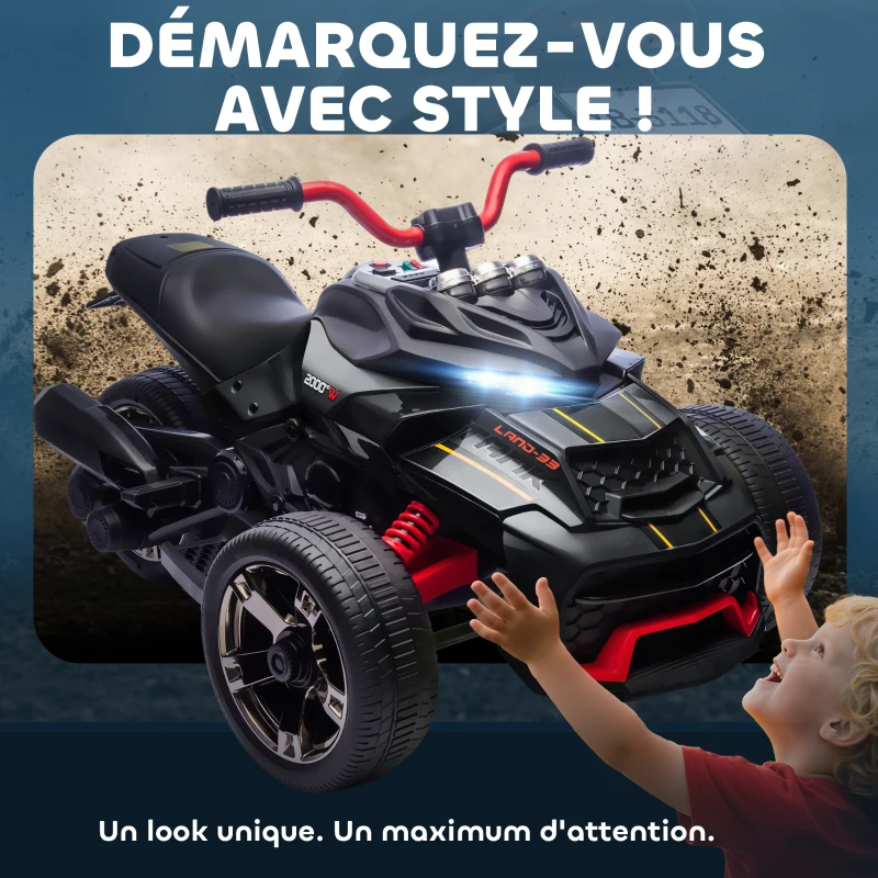 AIYAPLAY Quad électrique enfants voiture électrique enfants 12V 3 roues 2 moteurs lecteur MP3, klaxon, 2 vitesses 3-5 km/h noir