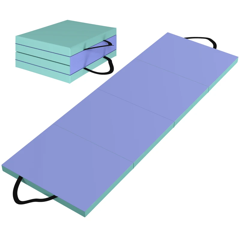 SPORTNOW Tapis de gymnastique pliable portable, tapis de sport épais en 4 parties avec poignées, 180 x 60 x 5 cm, vert et violet