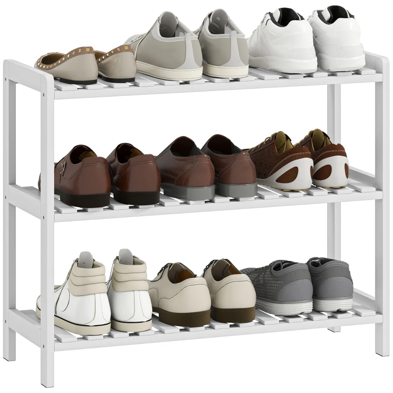 HOMCOM Étagère à chaussures, porte-chaussures 3 niveaux, étagères à lattes, en bois de pin， 70 x 26 x 57,5 cm, blanc
