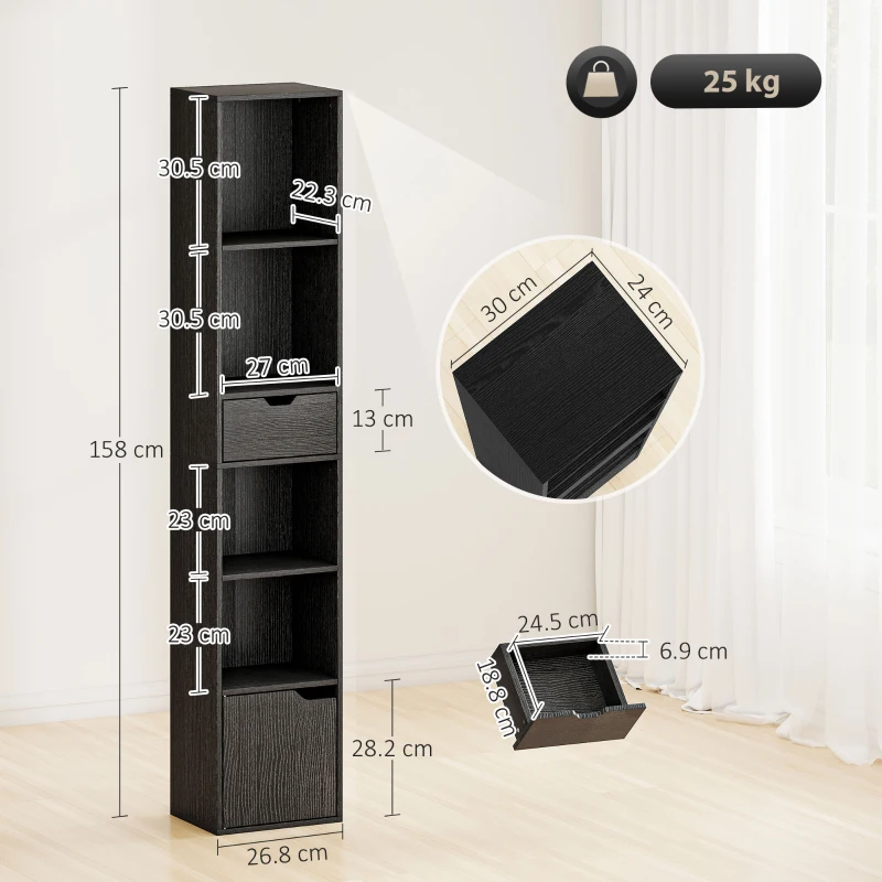 HOMCOM 6-Tier Bookcase, Tall Narrow Bookshelf with Drawer and Door - Black