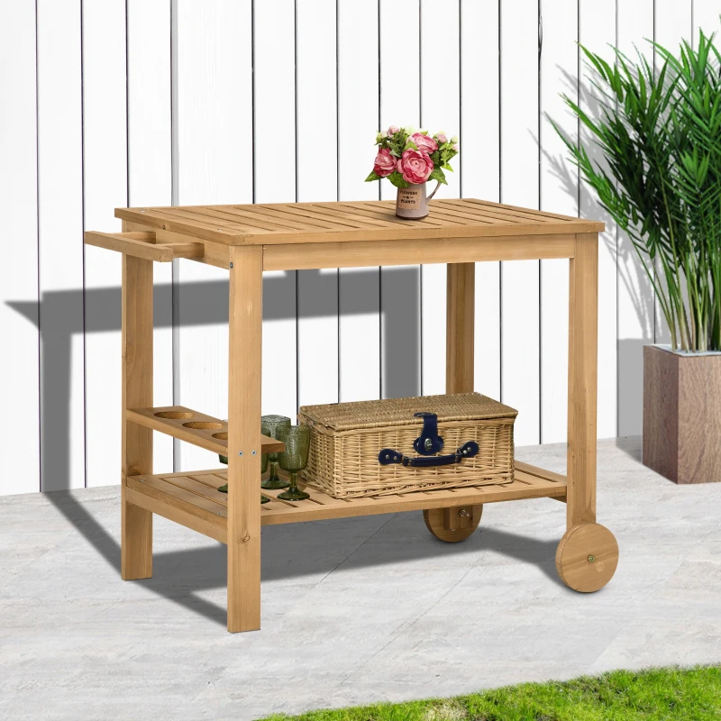 Outsunny Desserte de jardin chariot pour plancha barbecue en bois avec poignée 2 plateaux et porte-bouteilles 95 x 47 x 74 cm