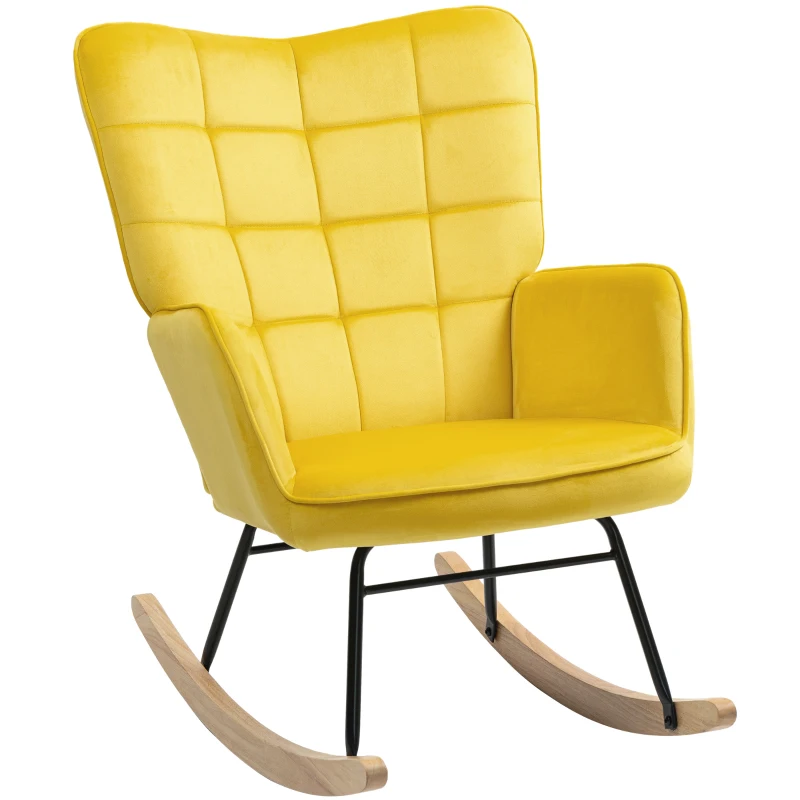 HOMCOM Fauteuil à bascule rocking chair revêtement en velours structure en acier 71 x 98 x 101 cm jaune