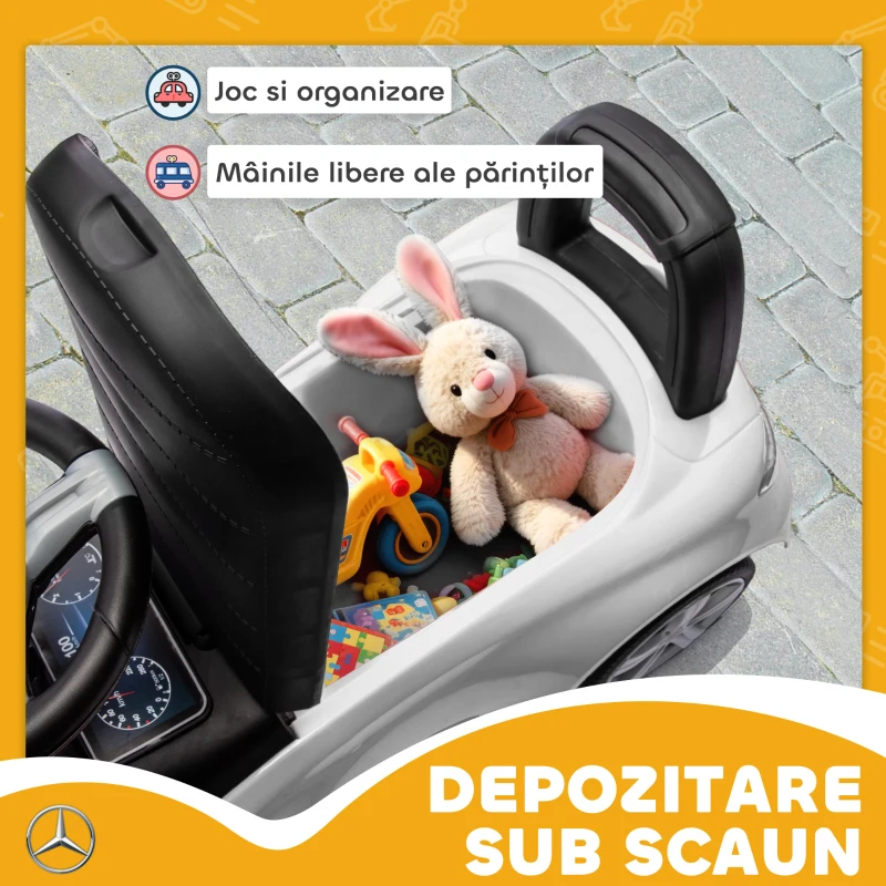 Mașinuță Electrică AIYAPLAY pentru Copii Licență Mercedes Benz cu Claxon și Spațiu de Depozitare, 65x28x39 cm, Alb