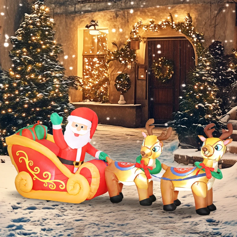 Outsunny Père Noël gonflable avec traîneau et rennes 240 cm 6 lumières LED décoration de Noël intérieure et extérieure rouge
