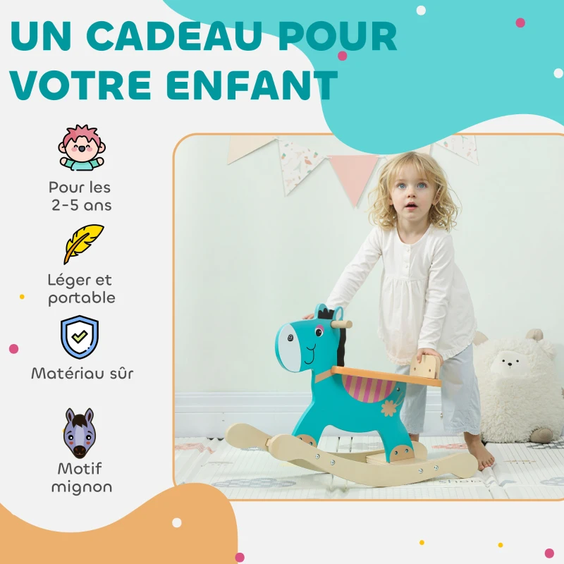 AIYAPLAY Cheval à bascule pour enfants, âne jouet à bascule bébé en bois avec guidon et base stable, 59 x 27 x 43 cm, vert foncé