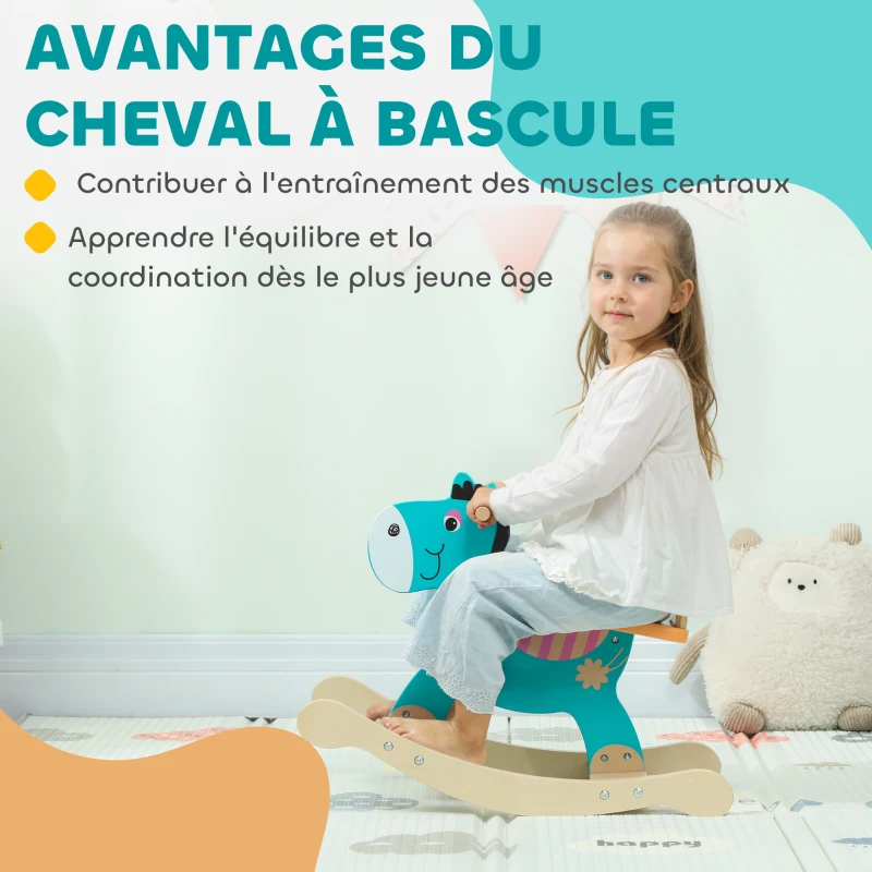 AIYAPLAY Cheval à bascule pour enfants, âne jouet à bascule bébé en bois avec guidon et base stable, 59 x 27 x 43 cm, vert foncé