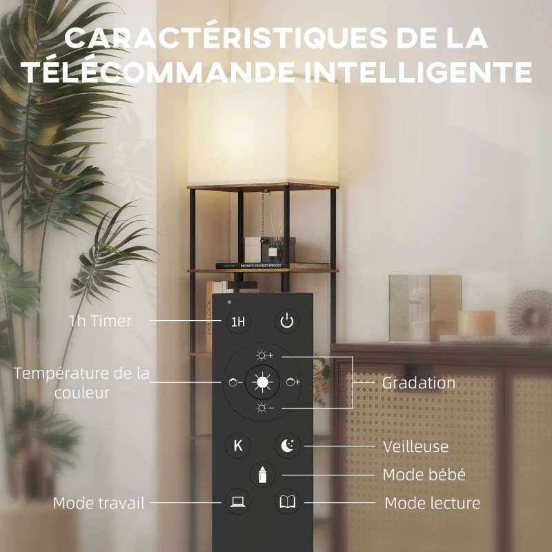 HOMCOM Lampadaire avec étagères, lampadaire sur pied de salon dimmable, télécommande, 40 x 29 x 171 cm, brun rustique