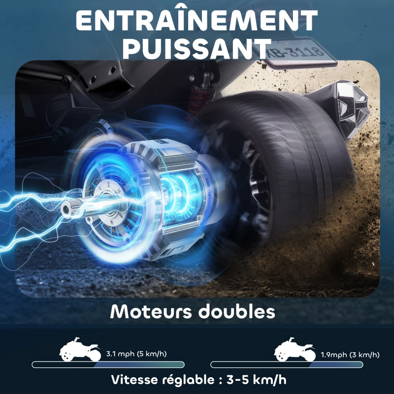 AIYAPLAY Quad électrique enfants voiture électrique enfants 12V 3 roues 2 moteurs lecteur MP3, klaxon, 2 vitesses 3-5 km/h noir