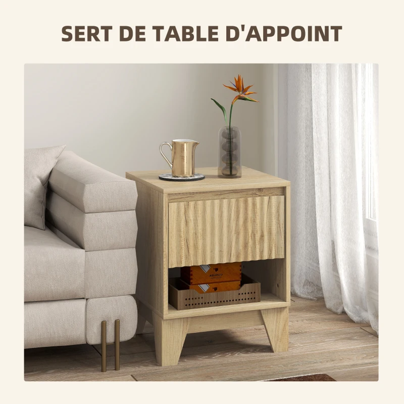 HOMCOM Lot de 2 tables de chevet étroite, table d'appoint compartiment ouvert 1 tiroir, panneaux cannelés 43x40x55cm naturel