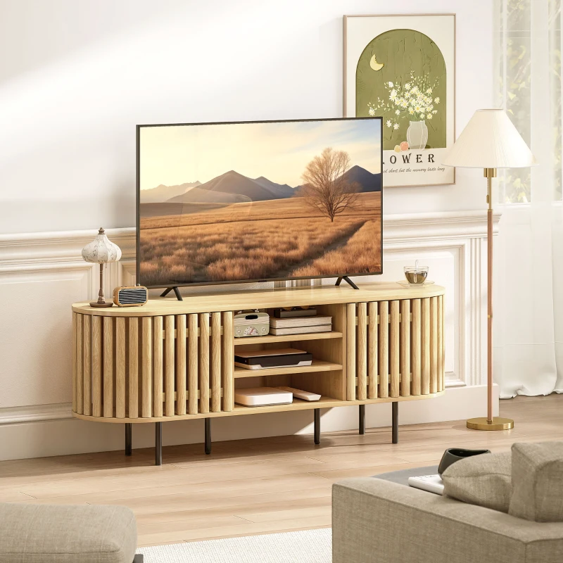 HOMCOM TV stand, TV cabinet for 152.4 cm TV, 2 slatted doors, push-to-open, 140x40x52cm, natural wood
