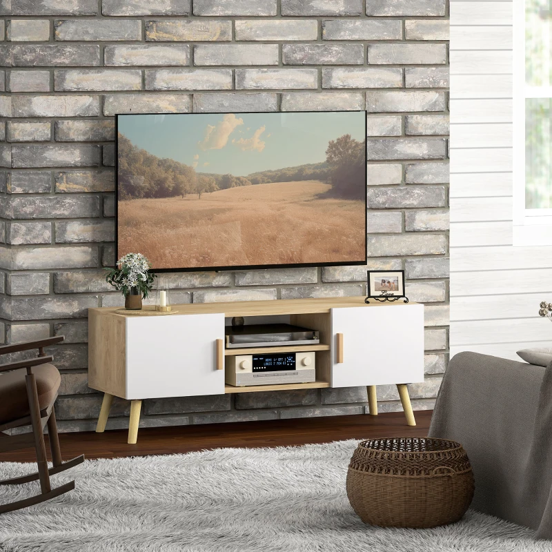 HOMCOM Meuble TV meuble télé bois banc TV jusqu'à 50 pouces avec étagères, 2 placards et passe-câbles, chêne