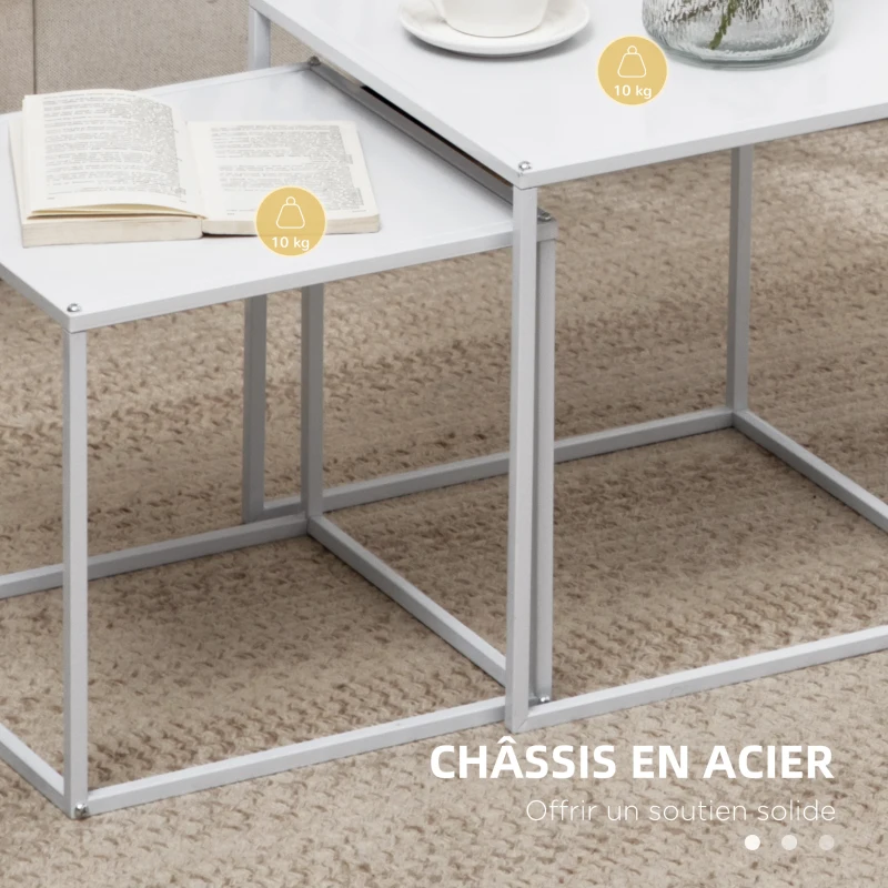 HOMCOM Lot de 2 tables basses gigognes, lot de 2 tables gigognes de salon, modulables, en acier, style industriel, blanc mat