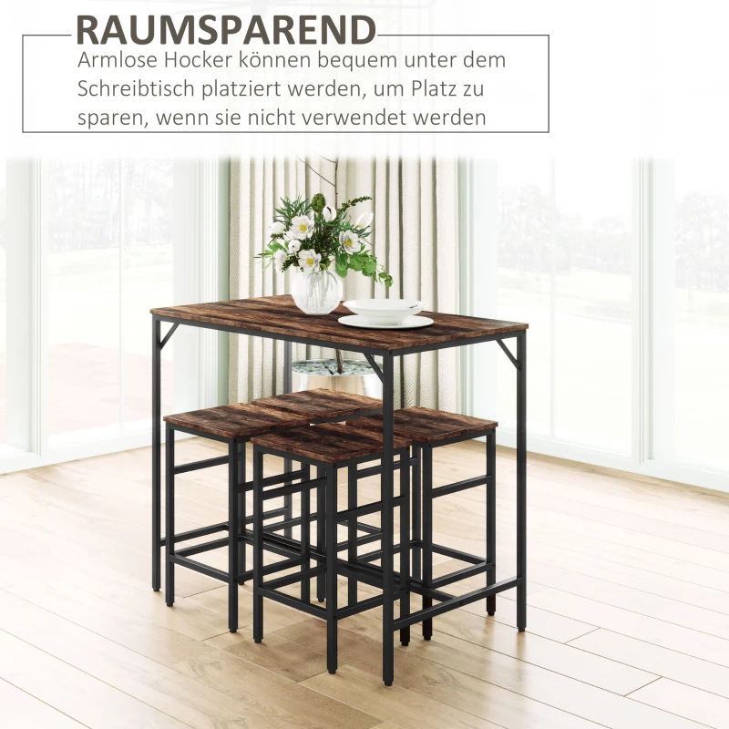 HOMCOM 5-teiliges Bartisch Set Bartisch mit Barhocker-Set Esstisch mit 4 Stühlen Küchentisch für Esszimmer, Küche, Rustikal-Braun+Schwarz