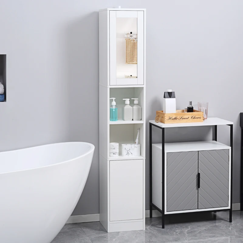 kleankin Armoire salle de bain haute, meuble de rangement colonne avec miroir, 2 portes, étagères réglables, 30x28x170cm, blanc