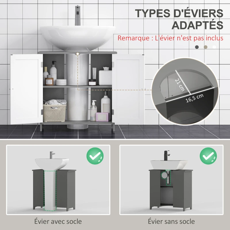 kleankin Meuble sous lavabo meuble sous évier placard 2 portes avec étagère 60 x 30 x 60 cm gris blanc