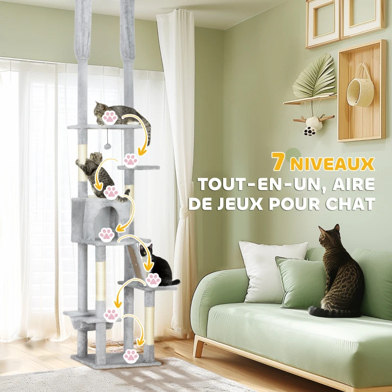 PawHut Arbre à chat du sol au plafond griffoir pour chat hauteur réglable 225-255 cm 6 niveaux avec niche hamac gris clair