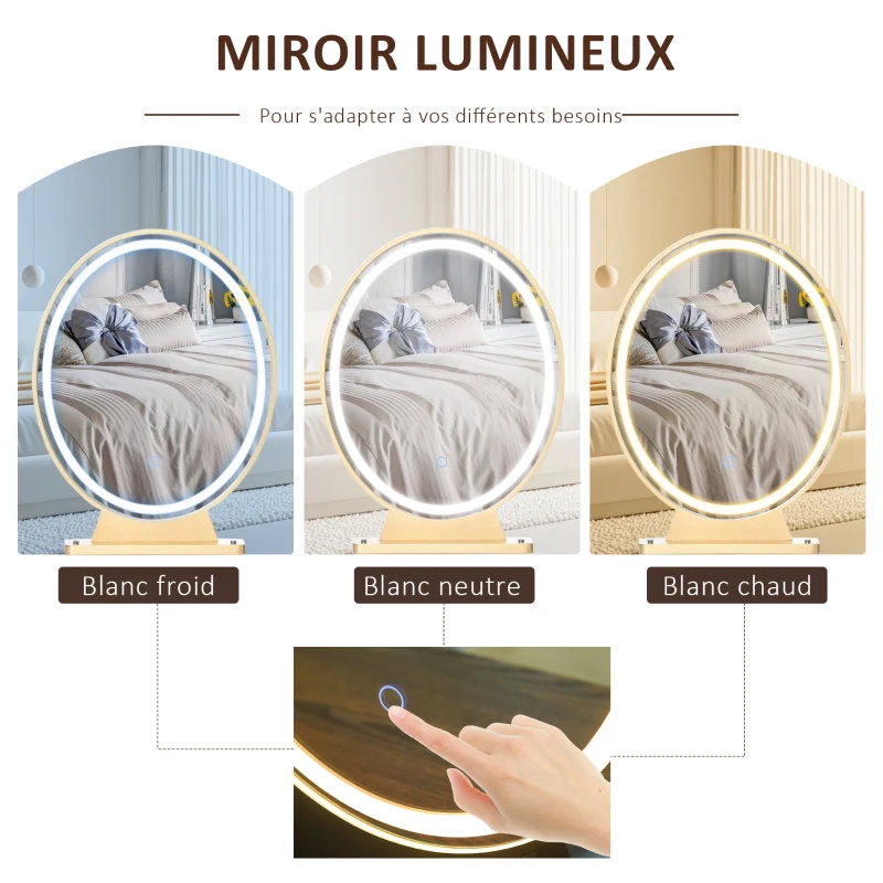 HOMCOM Coiffeuse Table de maquillage moderne - Miroir LED réglable intégré - Tabouret Inclus - pied en métal doré - 2 tiroirs + 1 Organisateur Blanc