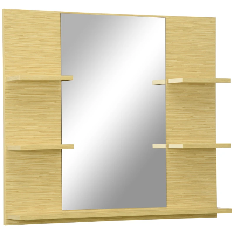 kleankin Specchio da Parete Rettangolare per Bagno con 4 Ripiani Laterali e Ampio Ripiano Inferiore, in MDF e Vetro, 80x12.5x70cm